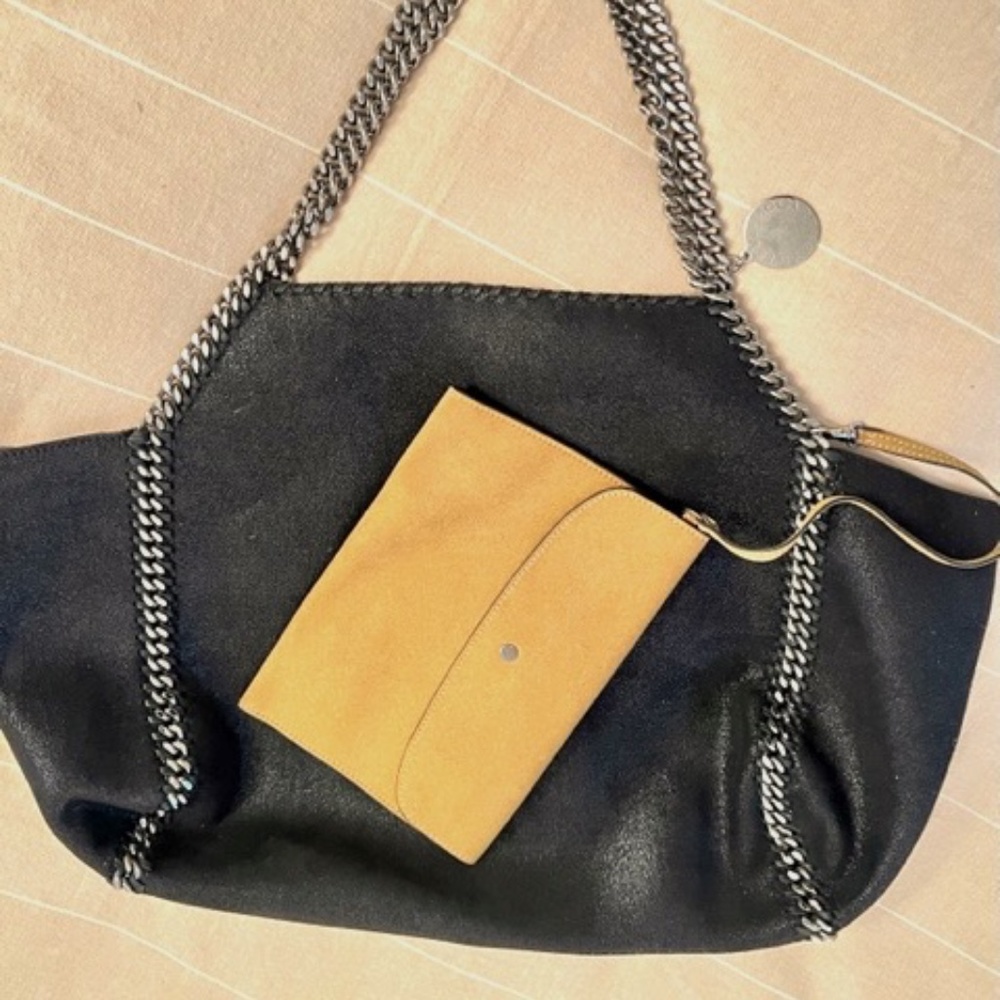 STELLA MCCARTNEY FALA BELLA TOTE - BLACK/REVERSIBLE CAMEL WITH SILVER HARDWARE